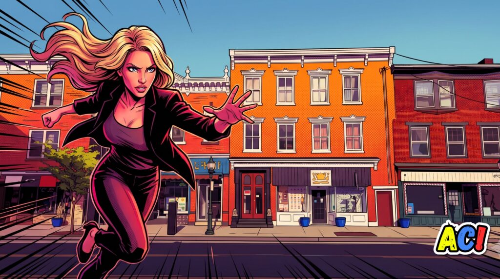 comic book graphic novel style illustration of heather neidlinger carlisle listing real estate agent with a carlisle, pa streetscape in the background