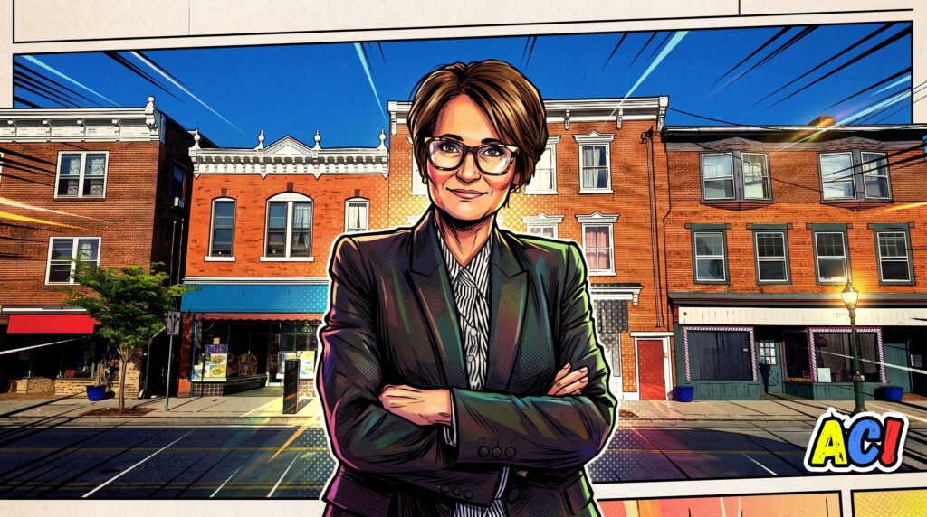 comic book graphic novel style illustration of kristi knox carlisle real estate agent with a carlisle, pa streetscape in the background