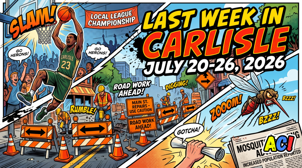 comic book style article thumbnail for Last Week in Carlisle July 20 through 26,2026 Mosquito Spray, Road Detour, and a Hit & Run - awesome carlisle - carlisle pa news
