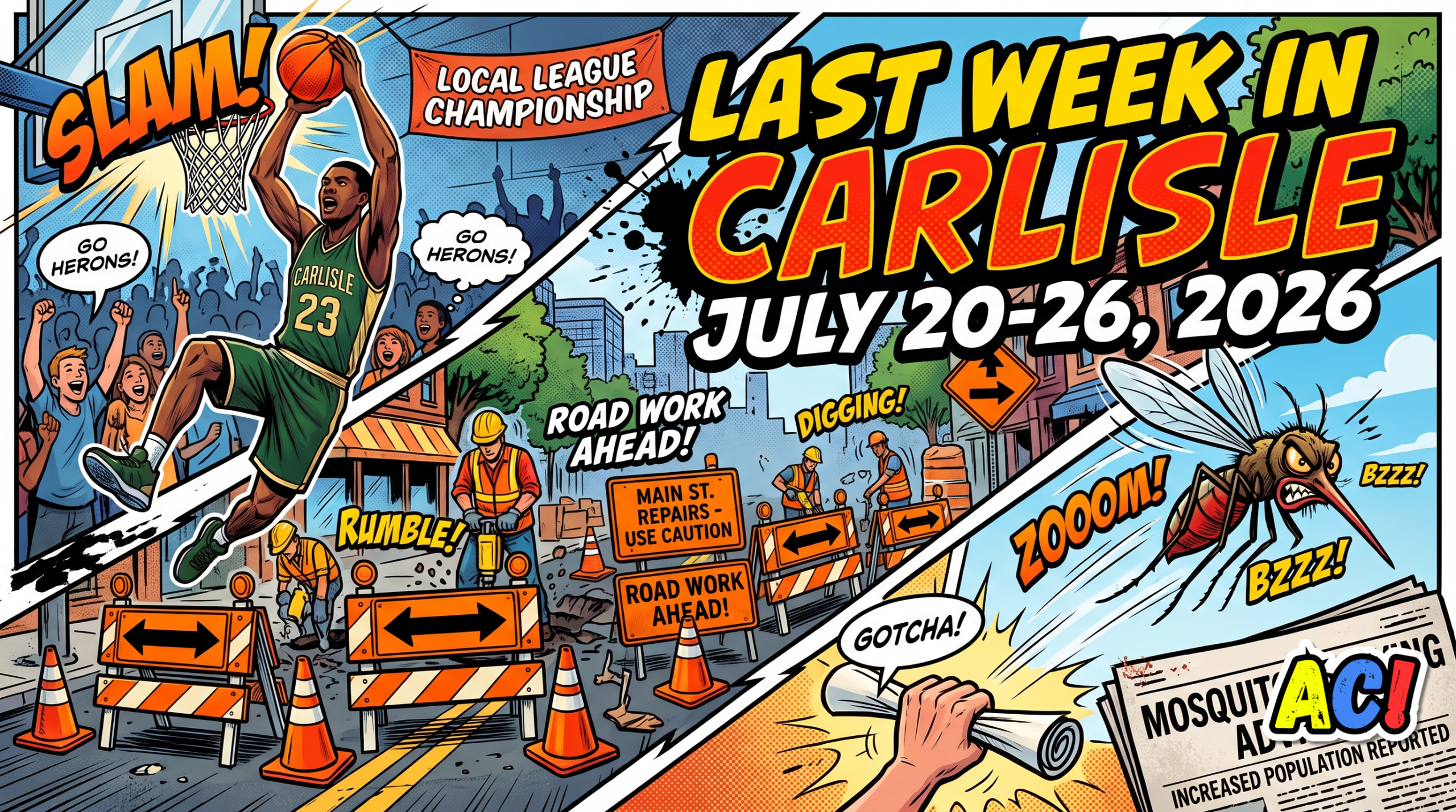 comic book style article thumbnail for Last Week in Carlisle July 20 through 26,2026 Mosquito Spray, Road Detour, and a Hit & Run - awesome carlisle - carlisle pa news