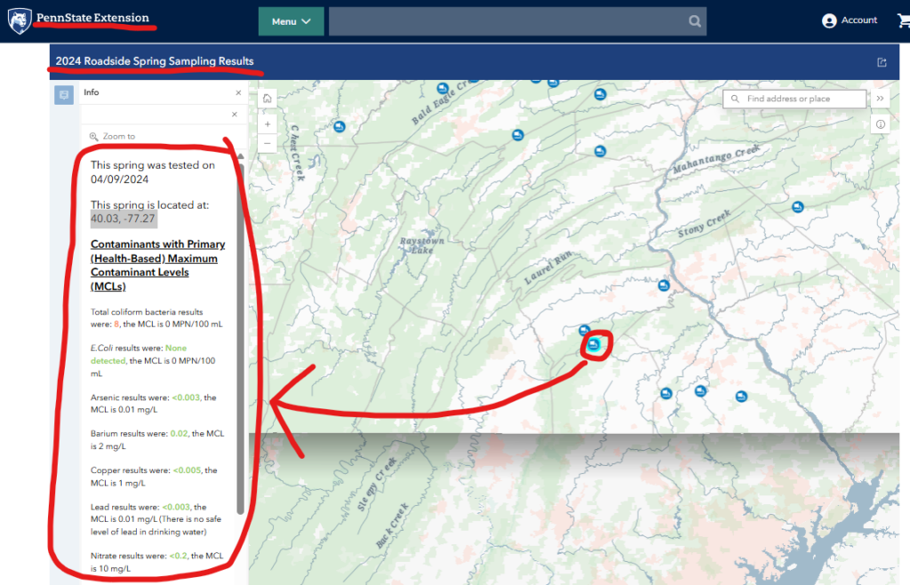 Screenshot on july 17, 2026 of the penn state extension web mapping website for natural spring water testing of pennsylvania roadside springs showing the testing results from 2024 for this spring - Best Natural Spring Water Near Carlisle, PA | Complete Guide to the Public Spring Near Pole Steeple in Pine Grove Furnace State Park