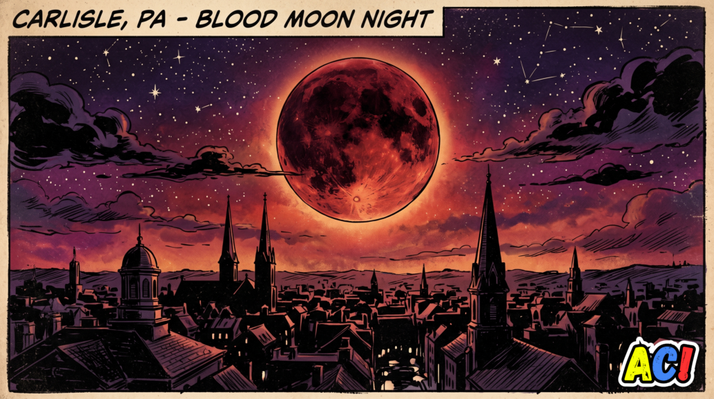 article section image for Deep Red Lunar Eclipse Lights Up Carlisle Skies of a comic illistration of the carlisle, pa skyline at night with a large blood moon full moon - awesome carlisle - carlisle, pa news