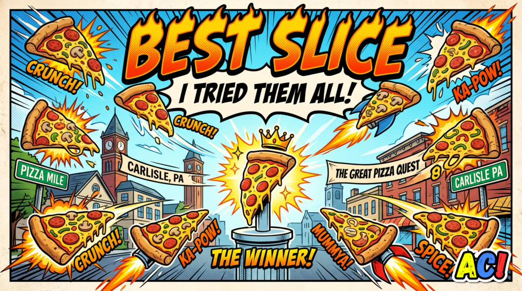 article thumbnail banner infographic for the article Best Slice of Pizza in Carlisle, PA: I tried a slice of pizza at all 10 traditional pizza shops in Carlisle and here's how I rank them - overlay text reads "best slice, I tried them all - awesome carlisle - carlise, pa news