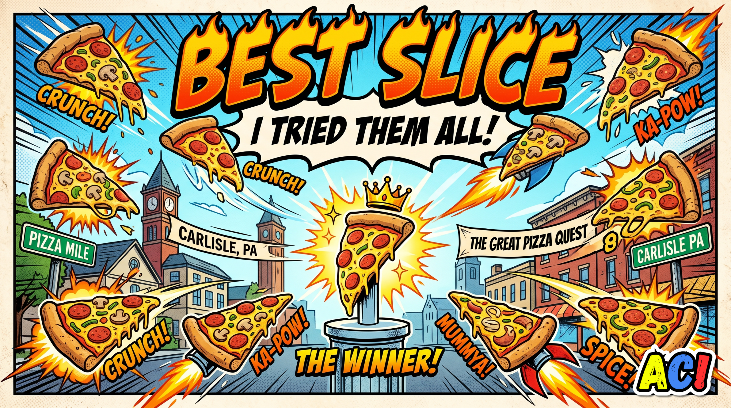 article thumbnail banner infographic for the article Best Slice of Pizza in Carlisle, PA: I tried a slice of pizza at all 10 traditional pizza shops in Carlisle and here's how I rank them - overlay text reads "best slice, I tried them all - awesome carlisle - carlise, pa news