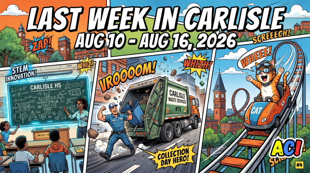 article banner infographic for Last Week in Carlisle - August 10 through 16, 2026 - Roller Coasters, AI in Schools, and a Trash Takeover - awesome carlisle - carlisle, pa news