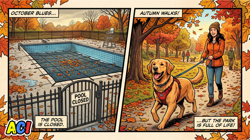 section image infographic showing a closed pool and a woman walking a golden retriever dog for Park Updates and Pool Closure
