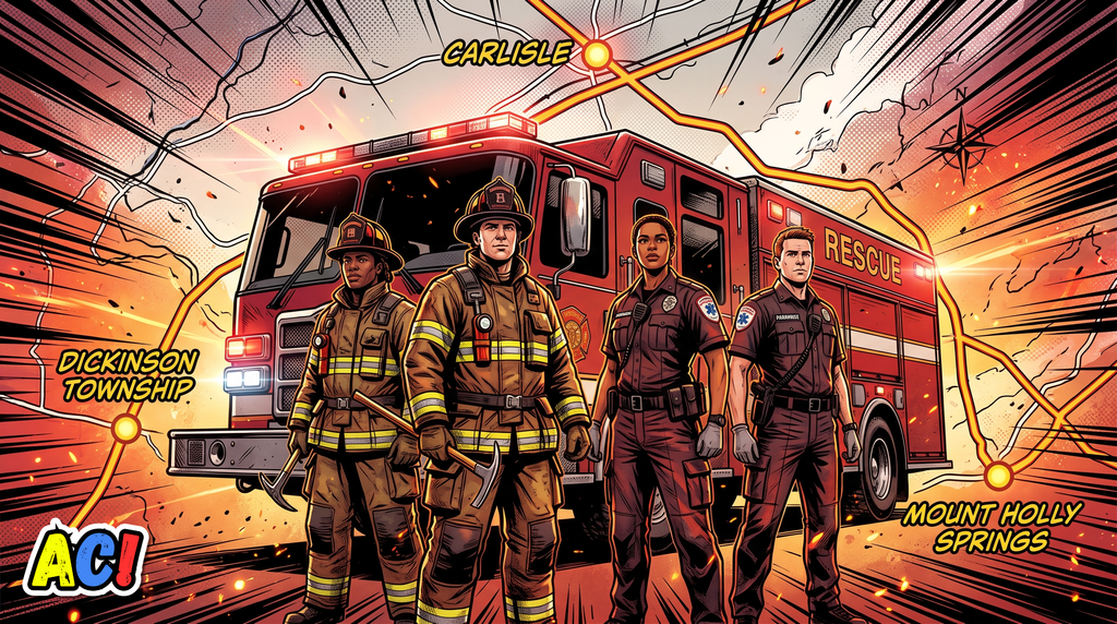 section image of a fire truck with emergency personel standing in fron of it for Partnering with Neighboring Towns for Regional Fire and EMS Services
