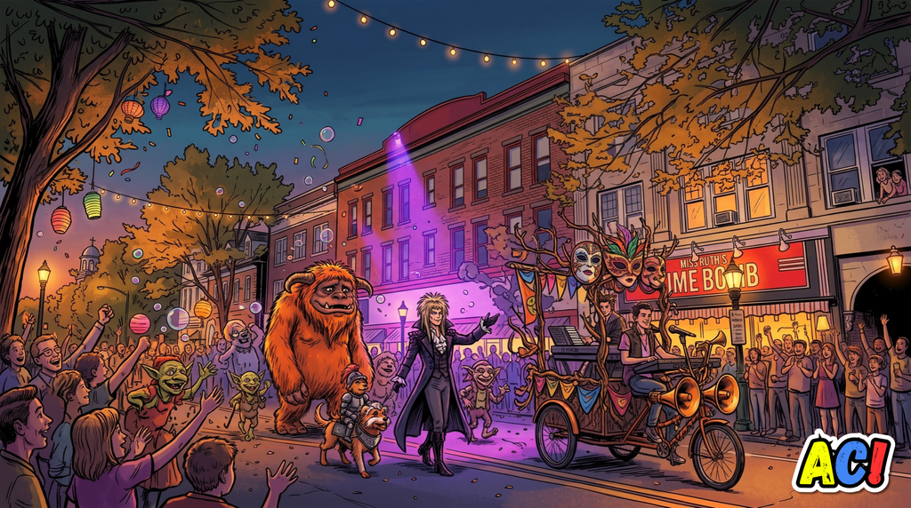 section image infographic comic book style for Carlisle Halloween Parade: Costumes, Floats, and Bowie Energy Downtown