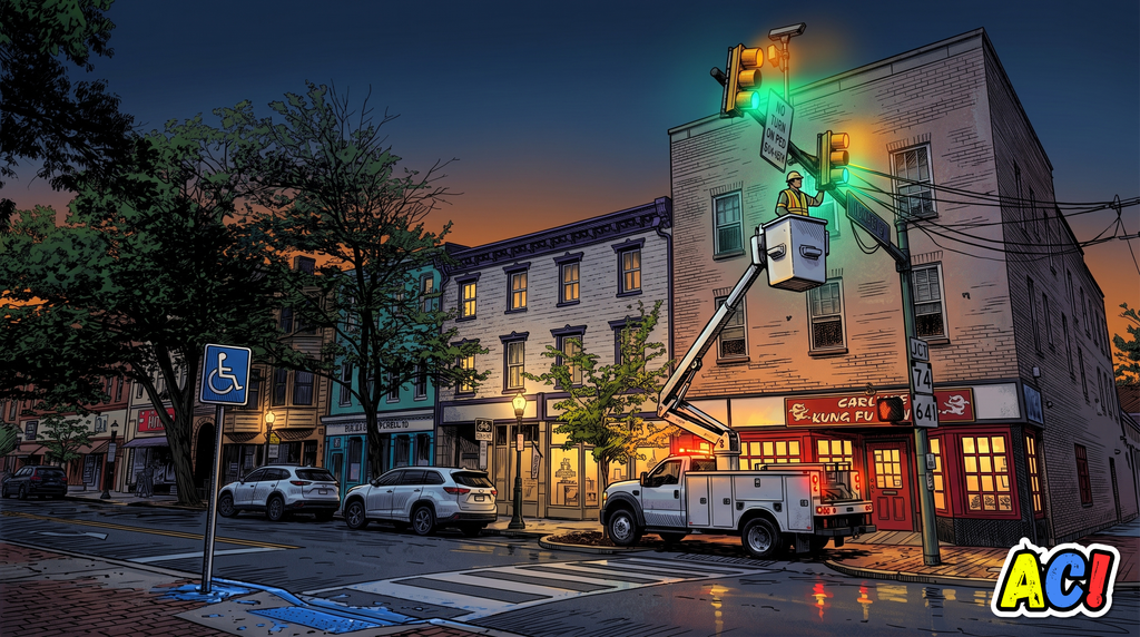 comic book style graphic showing a carlisle, pa streetscape with a man in a lift truck working on the street light - for article section Upgrading Traffic Signals and Adjusting Neighborhood Handicap Parking - awesome carlisle - carlisle, pa news