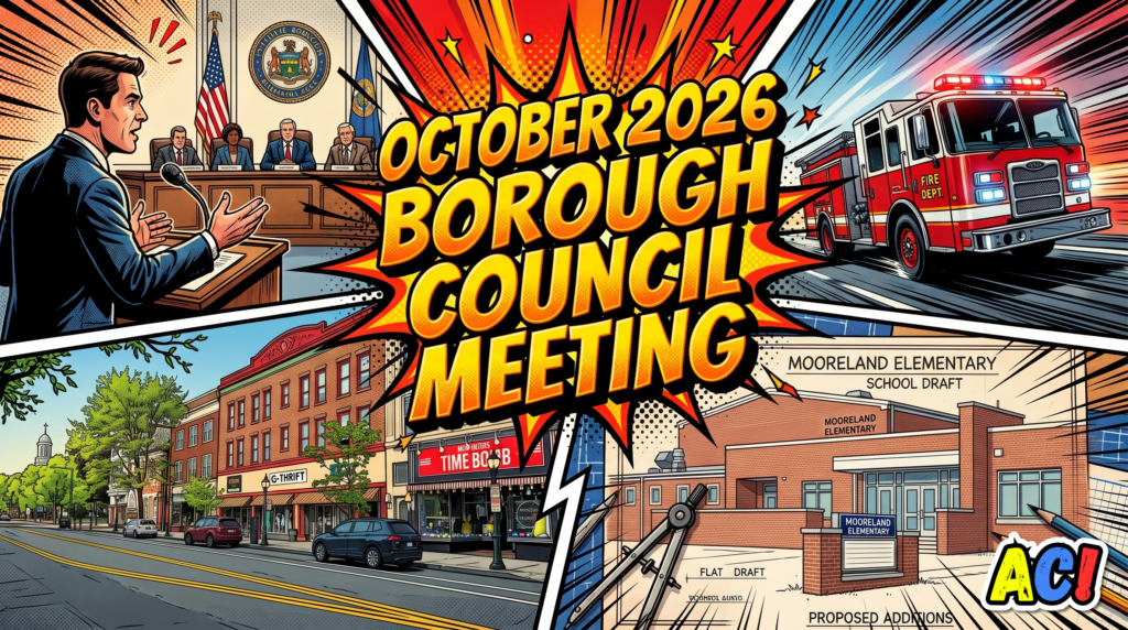 article thumbnail banner infographic image in comic book style for Summary of October 2026 Carlisle Borough Council Meeting: Community Warehouse Closures, Regional Fire Squads, and Downtown Economic Studies - awesome carlisle - carlisle, pa news