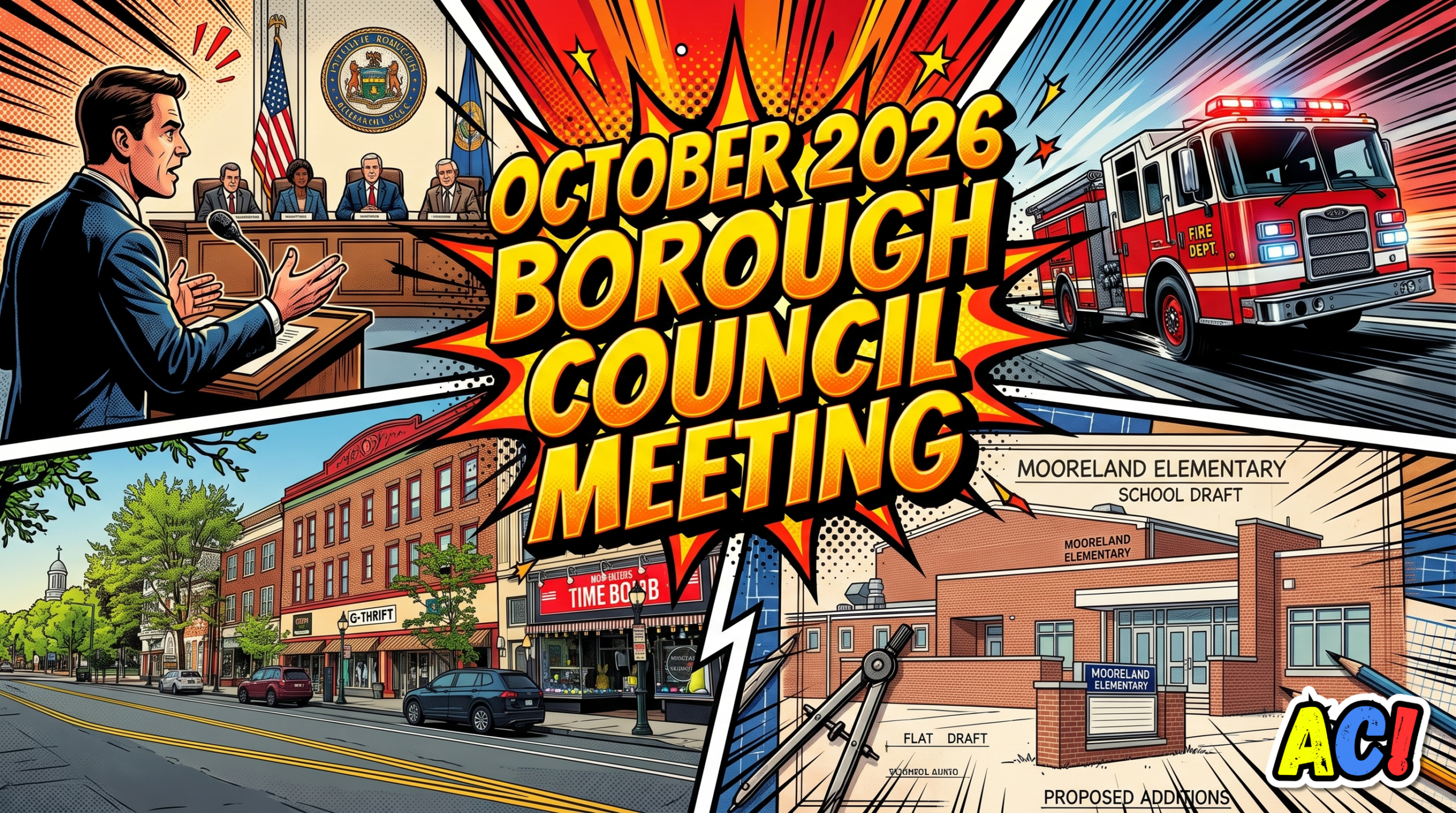article thumbnail banner infographic image in comic book style for Summary of October 2026 Carlisle Borough Council Meeting: Community Warehouse Closures, Regional Fire Squads, and Downtown Economic Studies - awesome carlisle - carlisle, pa news