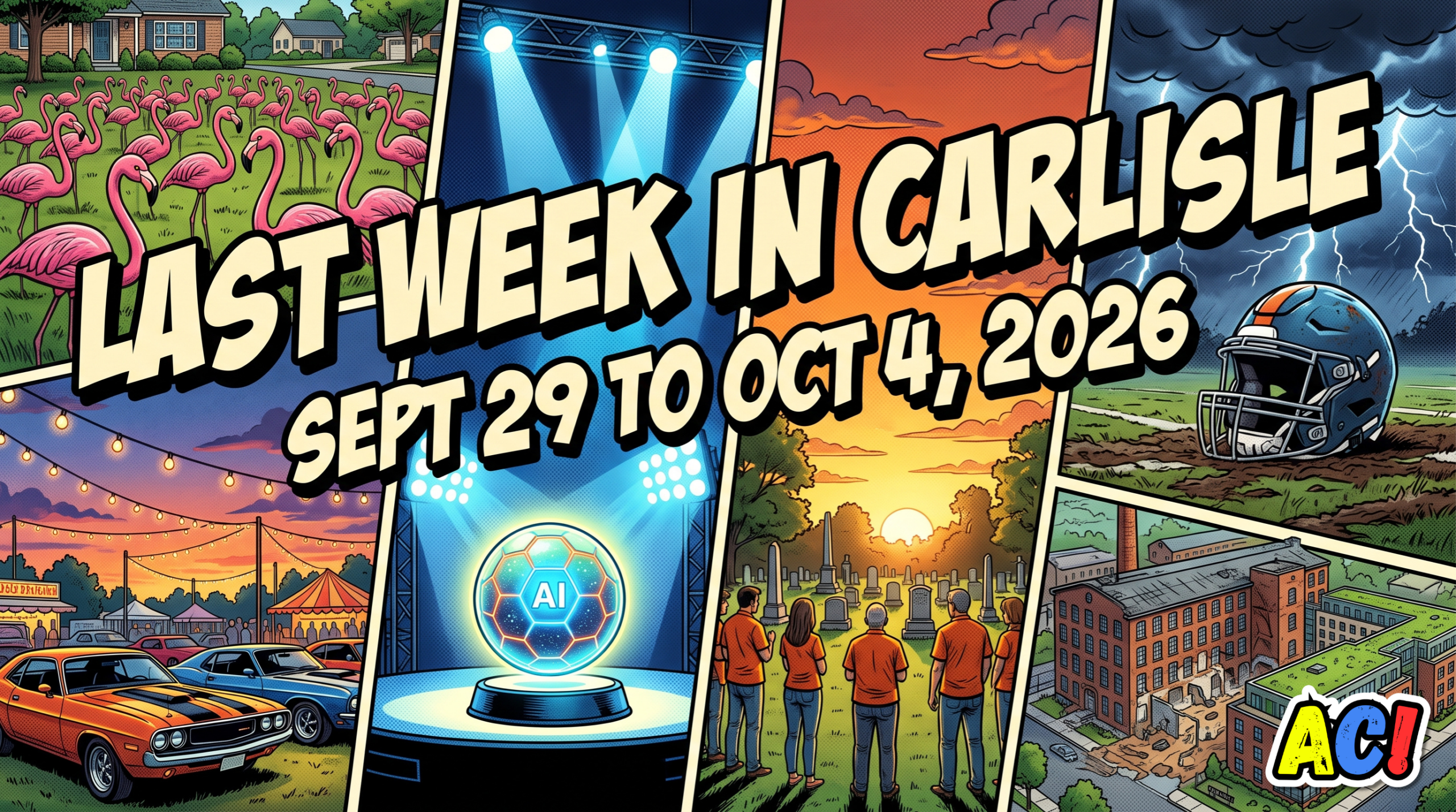 article thumbnail infographic comic book style image for Last Week in Carlisle September 28 through October 4, 2026 Pink Flamingos, Shark Tank, and a Historic Homecoming - awesome carlisle - carlisle, pa news